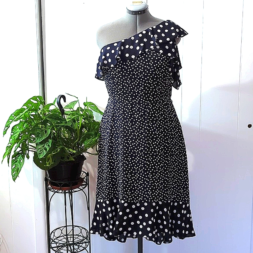 A New Day Polkadot Ruffle One Shoulder Midi Dress
